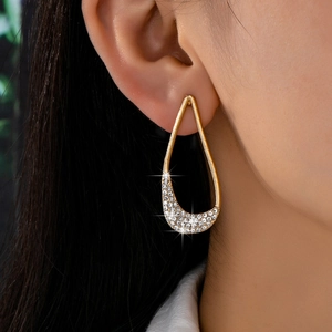 Hollow Teardrop Earrings Alloy Rhinestone Geometric Golden Studs With Stainless Steel Earring Post For Women Vintage Elegant