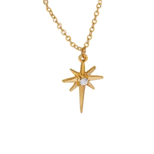 Minimalist gold starburst pendant necklace with a centered white cubic zirconia stone