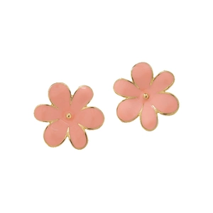 Boucles d'oreilles fleurs en émail rose à six pétales avec centre doré sur fond blanc