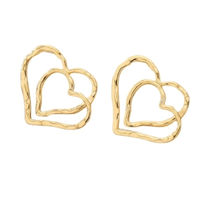 Minimalist double heart stud earrings with hammered gold texture in a symmetrical view
