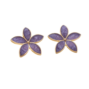 Purple enamel flower earrings with gold petals and marble texture on white background