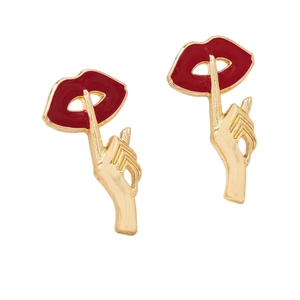 Retro red lips and golden hand gesture stud earrings for women shown on white background