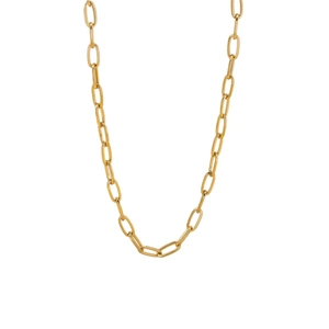 Minimalist golden paperclip link chain necklace for men and women on white background