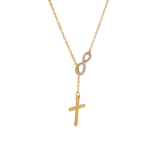 Collana dorata con ciondolo a croce e simbolo dell'infinito con strass da donna