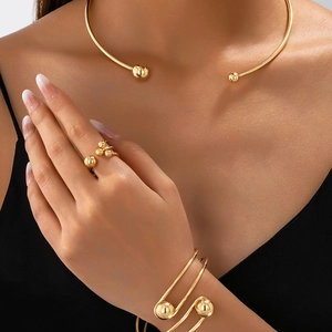 Alloy Gold Plated Jewelry Choker Necklace Bracelet And Ring Minimalist Geometric Bead Open Design For Women