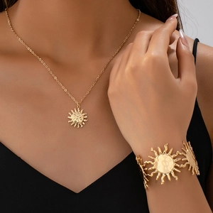 Sunburst Pendant Necklace And Hammered Open Bangle Gold Plated Alloy Jewelry For Women Fashion Commuter Style