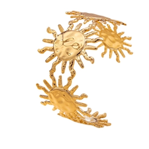 Golden sunburst open cuff bracelet with hammered texture disk charms for women