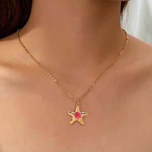 Starfish Pendant Necklace Gold Plated Alloy Enamel Spiral Ocean Style Summer Beach Jewelry For Women