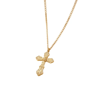 Gothic gold cross pendant necklace with vintage baroque engraved floral patterns