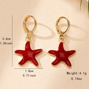 Fashionable red starfish drop earrings with gold hoops, measuring 1.34 by 0.71 inches
