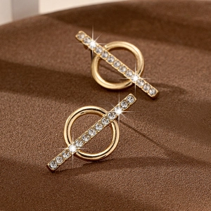 Elegant geometric gold circle stud earrings with inlaid zircon bar for a luxury look