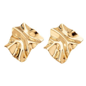 Golden geometric crinkle stud earrings with elegant liquid metal wave texture