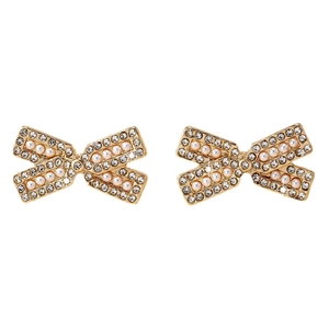 Boucles d'oreilles nœud élégantes avec strass brillants et perles blanches dorées