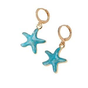Blue ocean starfish drop earrings with gold finish and sparkling glitter details