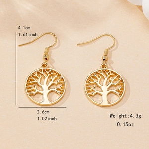 Vintage gold Tree of Life drop earrings with hollow round pendants for daily wear