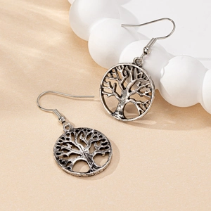 Vintage silver tree of life dangle earrings with intricate hollow-out metal design