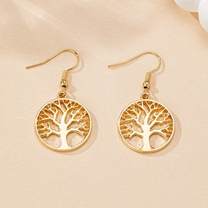 Detailed view of golden Tree of Life drop earrings with intricate cutout design patterns