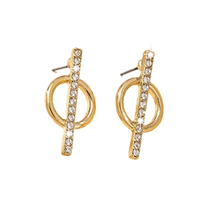 Elegant gold geometric circle stud earrings with micro-set rhinestones in vertical design