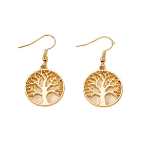 Elegant gold-tone Tree of Life dangle earrings with champagne enamel on a white background