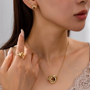 Gioielli Nodo Intrecciato Placcato Oro Lega Metallo Collana Anello Orecchini Moda Elegante Per Donne
