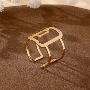 Minimalist gold geometric square open ring with hollow double-layer architectural design