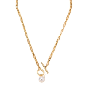 Collana a catena a graffetta dorata con pendente di perla bianca e chiusura a T