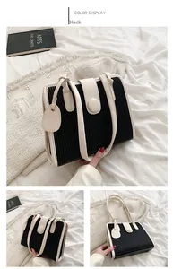 Detailed views of contrast tote bag with black pleated texture and beige leather straps