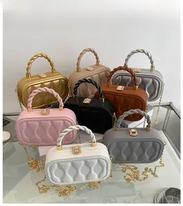 Detailed grid of mini chain crossbody box bags in eight elegant matte leather colors