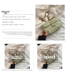 Quilted green crossbody bag detail with dimensions 20x12x5cm and gold chain strap
