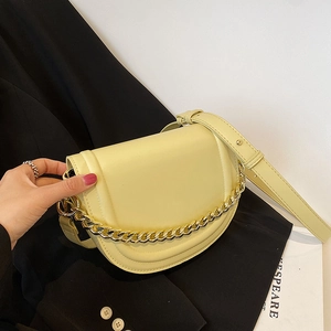 Women PU Leather Saddle Bag Gold Thick Chain Decoration Fashion Crossbody Shoulder Handbag Chic Niche Style