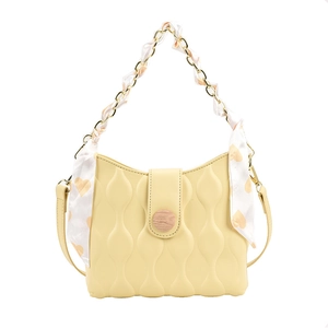Elegant cream yellow quilted shoulder bag with gold chain handle and heart print silk scarf