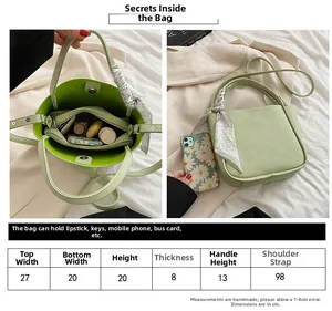 Size chart for green leather bucket bag showing internal capacity and product dimensions