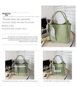 Size comparison of green lychee texture bucket bag with A4 magazine and tablet