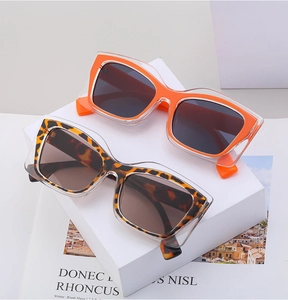 Detail of trendy dual-layer square sunglasses in orange and leopard print frames