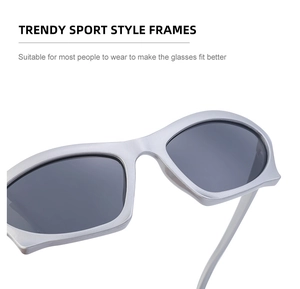 Close-up of trendy sport style silver metallic frames with dark grey lenses for Y2K look