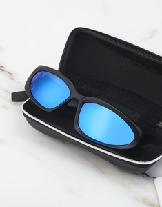 Matte black sports sunglasses with blue mirrored lenses in a black hard-shell zipper case