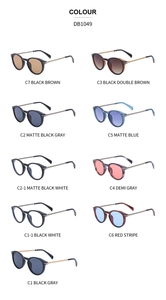 Detailed catalog showing DB1049 retro round sunglasses and eyeglasses in 9 color variants