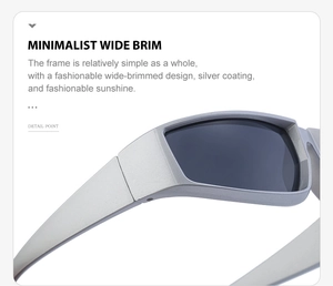 Close-up of the silver-coated wide-brim frame and gray polarized lens of the sunglasses