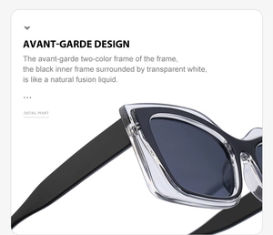 Detail of avant-garde cat eye sunglasses featuring dual-color black and clear frames