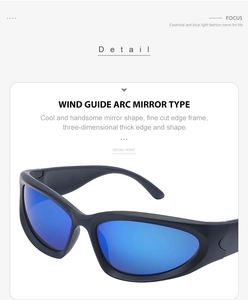 Detail of blue mirrored lenses with anti-blue light coating and aerodynamic frame