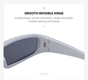 Macro detail of silver sunglasses featuring smooth invisible hinges and matte metal finish