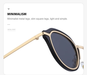 Detail of slim gold metal temples and durable hinge on vintage cat eye sunglasses