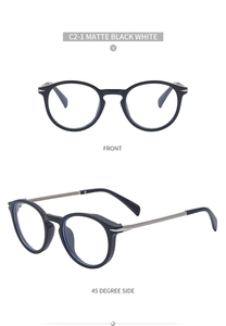 Front and 45-degree side view of retro round matte black metal sunglasses, model C2-1