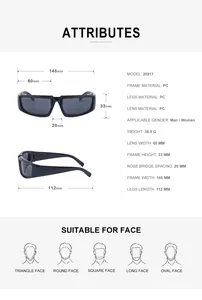 Detailed size chart and technical specifications for steampunk UV400 cycling sunglasses