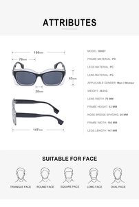 Detailed size specifications for small cat-eye sunglasses with PC frame dimensions