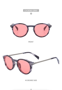 Detailed front and side views of vintage round pink lens sunglasses with demi gray frames