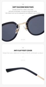 Detail of adjustable soft silicone nose pads and anti-slip temples on cat eye sunglasses