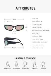 Detailed size chart for cycling sports sunglasses showing frame width and lens dimensions