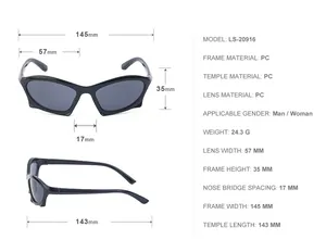 Detailed size chart for Y2K punk style sunglasses featuring PC frame and lens dimensions