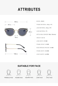 Detailed size chart for retro cat-eye sunglasses with alloy and PC frame dimensions